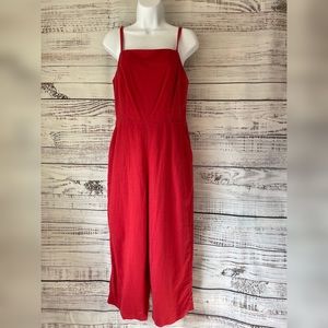 Red Linen Ankle Cropped Linen Jumpsuit with side pockets by Old Navy